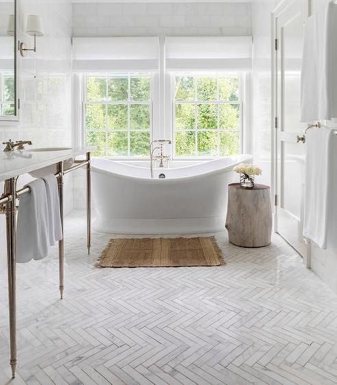 Thin Marble Herringbone Bath Floor Tiles 