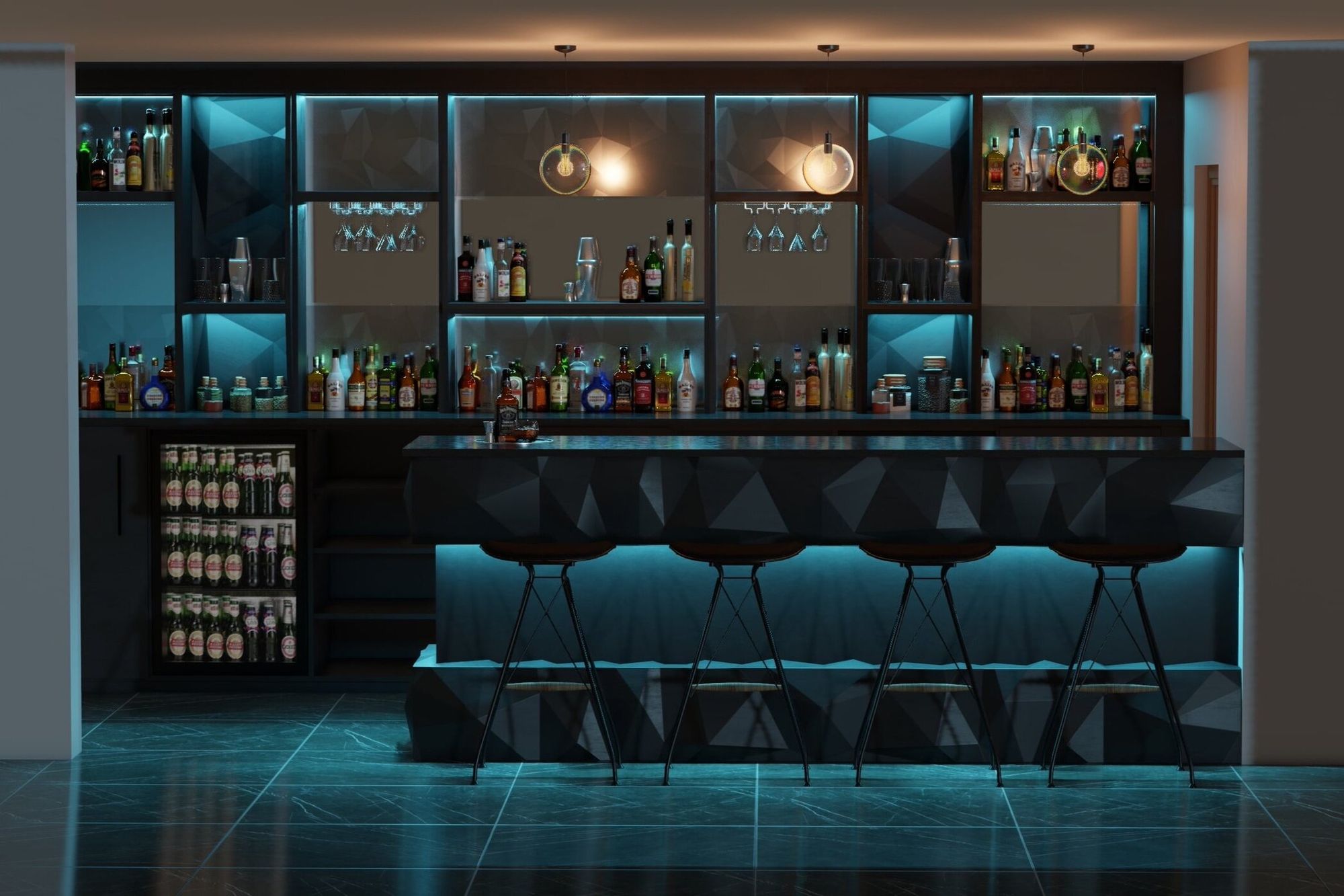 A home bar with black design and blue light.