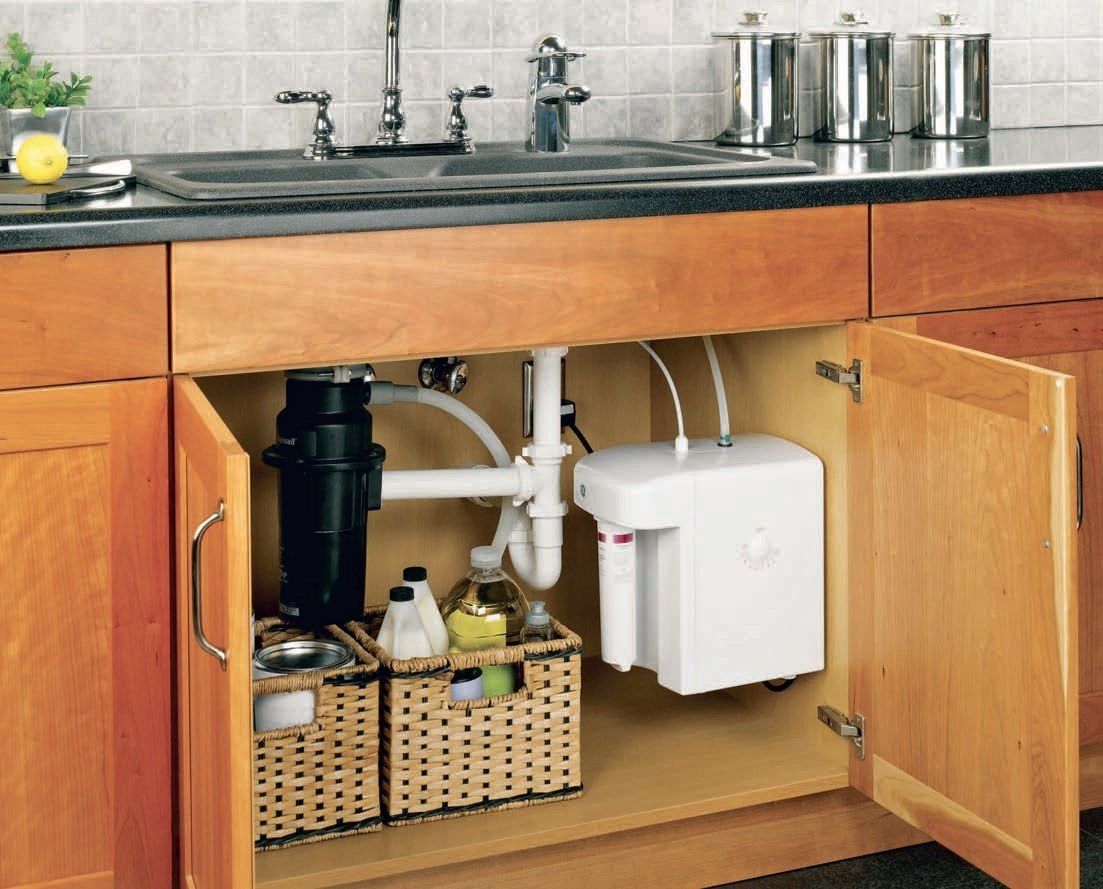 An under sink water filtration system.