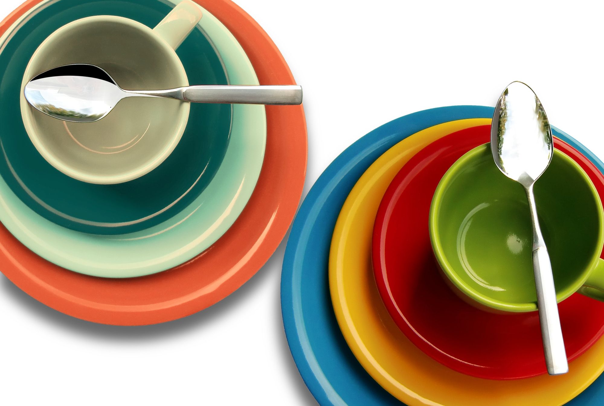 Colorful plates of different sizes.